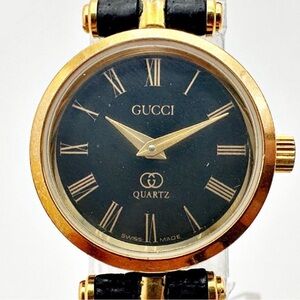 GUCCI Sherry Line Black Dial Black Gold Round Analog Quartz Watch